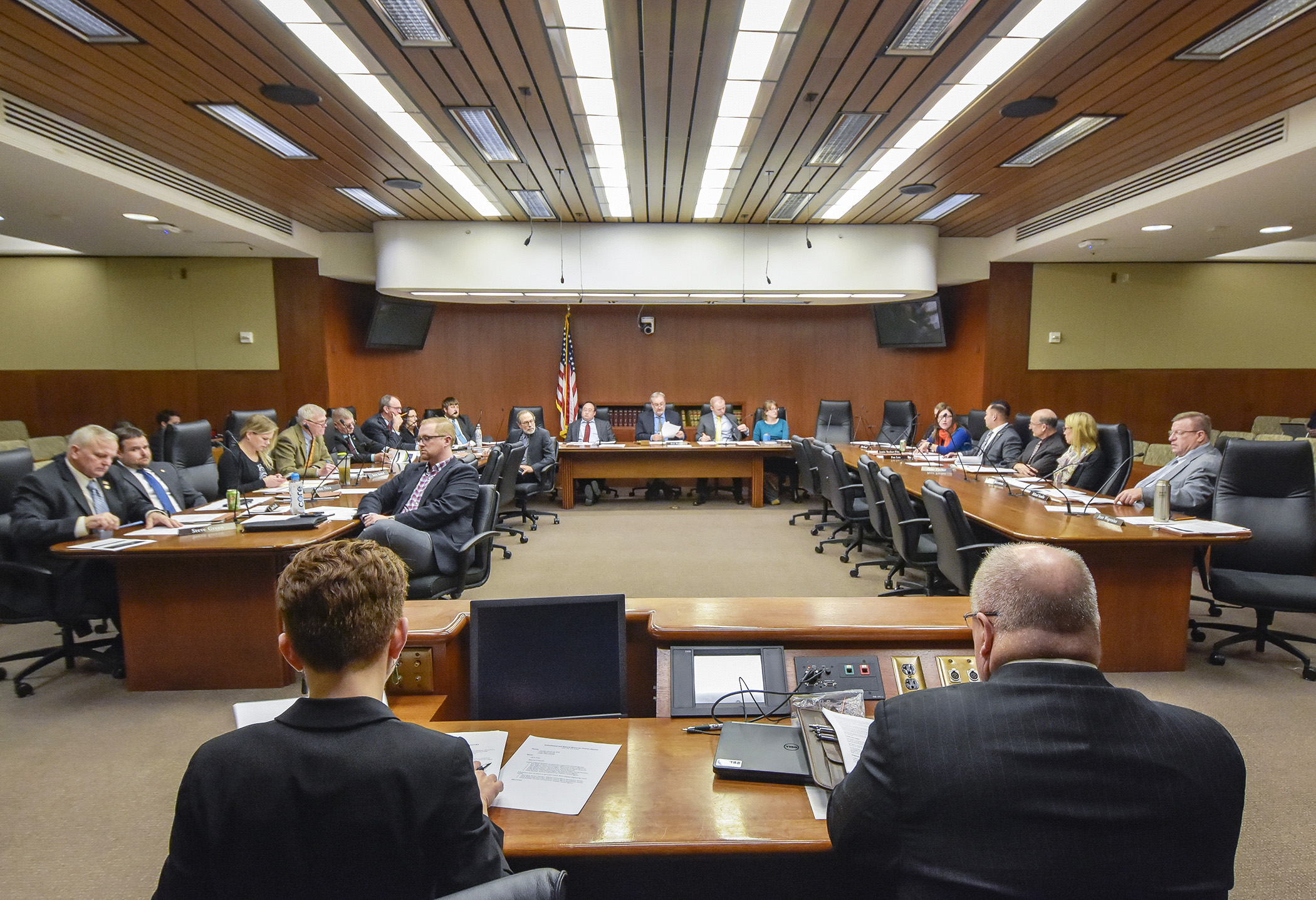 Members of the House Environment and Natural Resources Finance Division listen to testimony Jan. 22 on the impact the federal government shutdown is having on Minnesota's state environmental agencies. Photo by Andrew VonBank